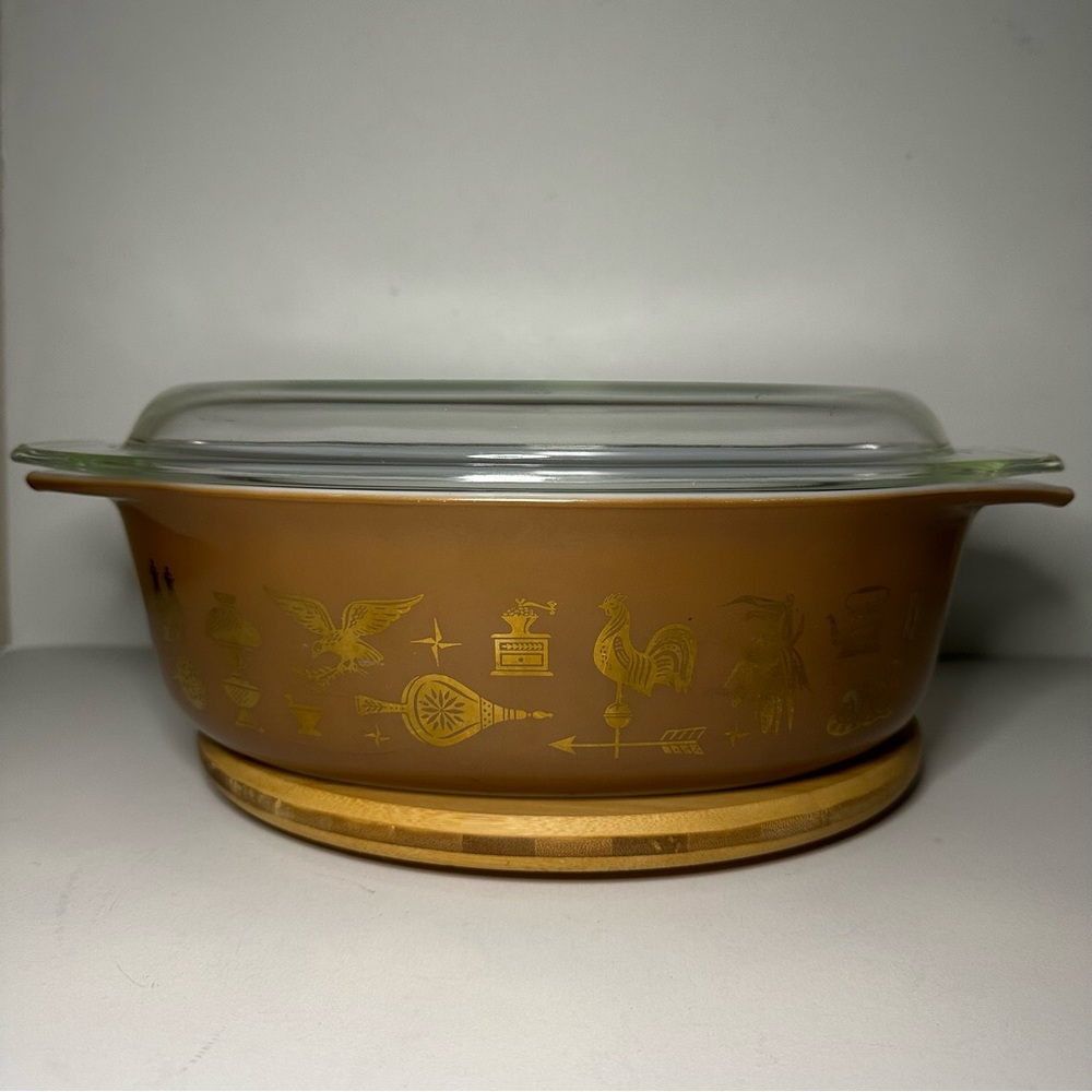 Vintage Pyrex Early American Americana Brown and Gold Serving Dish with Lid